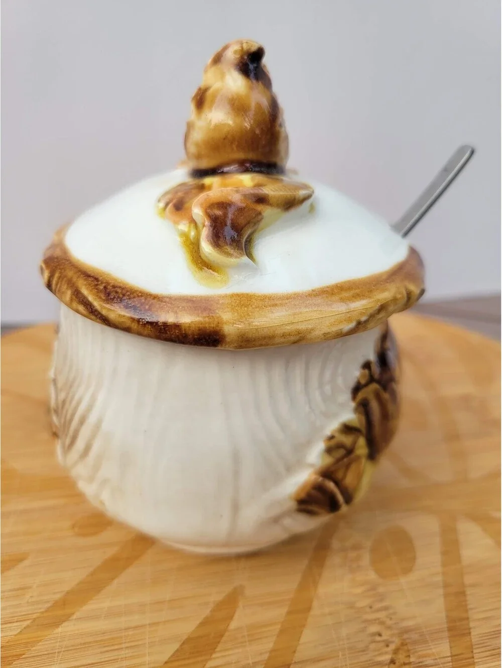 Vintage Japan Ceramic Sugar Bowl With Lid Spoon Brown Corn Leaves Prim Rustic